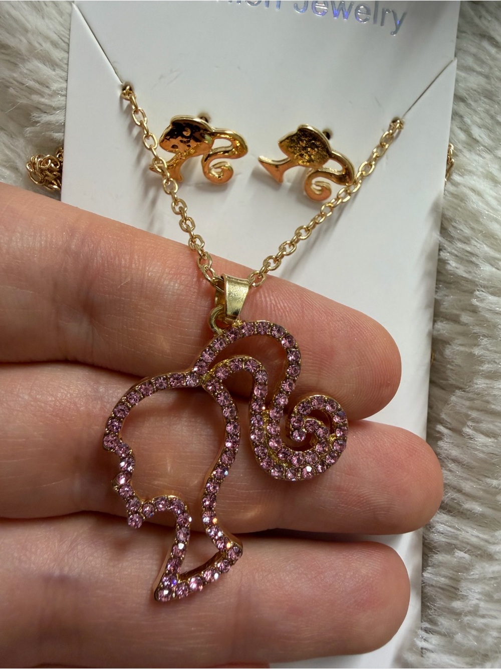Gold-Tone Pink Crystal Ponytail Silhouette Necklace and Earring Set